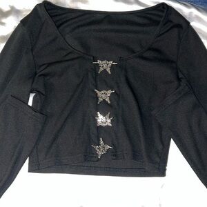 Amazon Black Long-Sleeve Crop Top with Silver Front Clasps